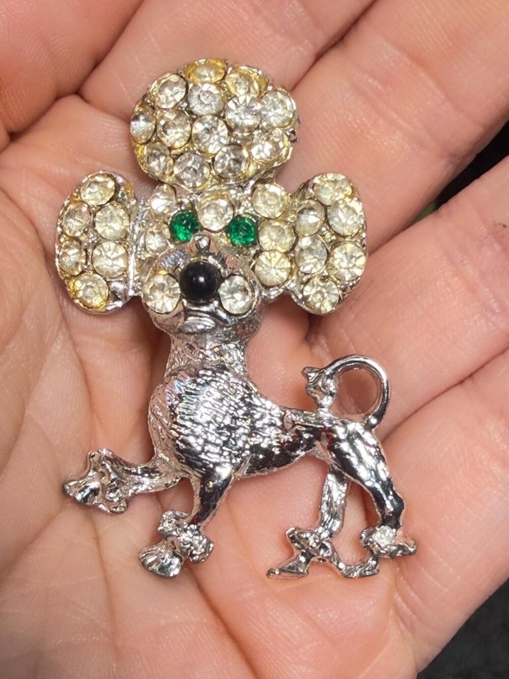 Vintage Poodle Brooch Rhinestone Dog Pin Green Eyes Silver Tone